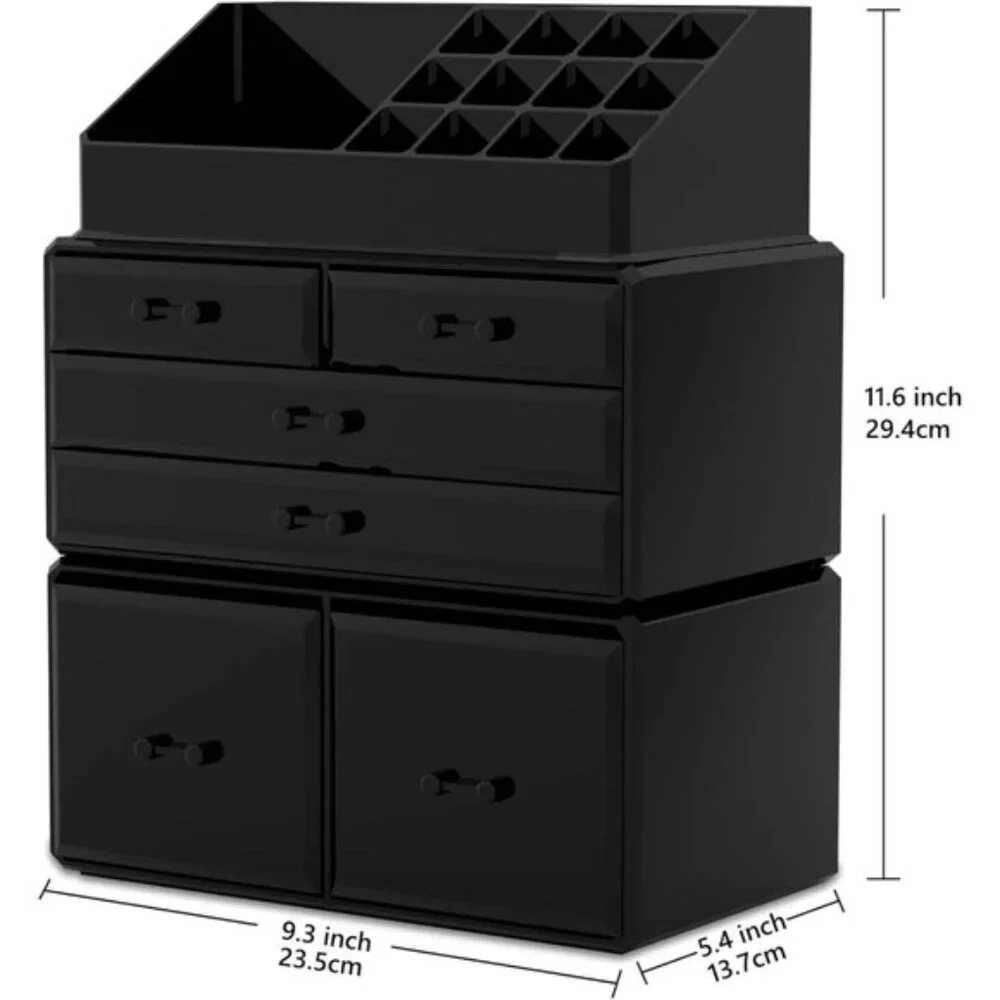 New 3-Piece Makeup Organizer, Black Cosmetic Storage Case with 6 Drawers